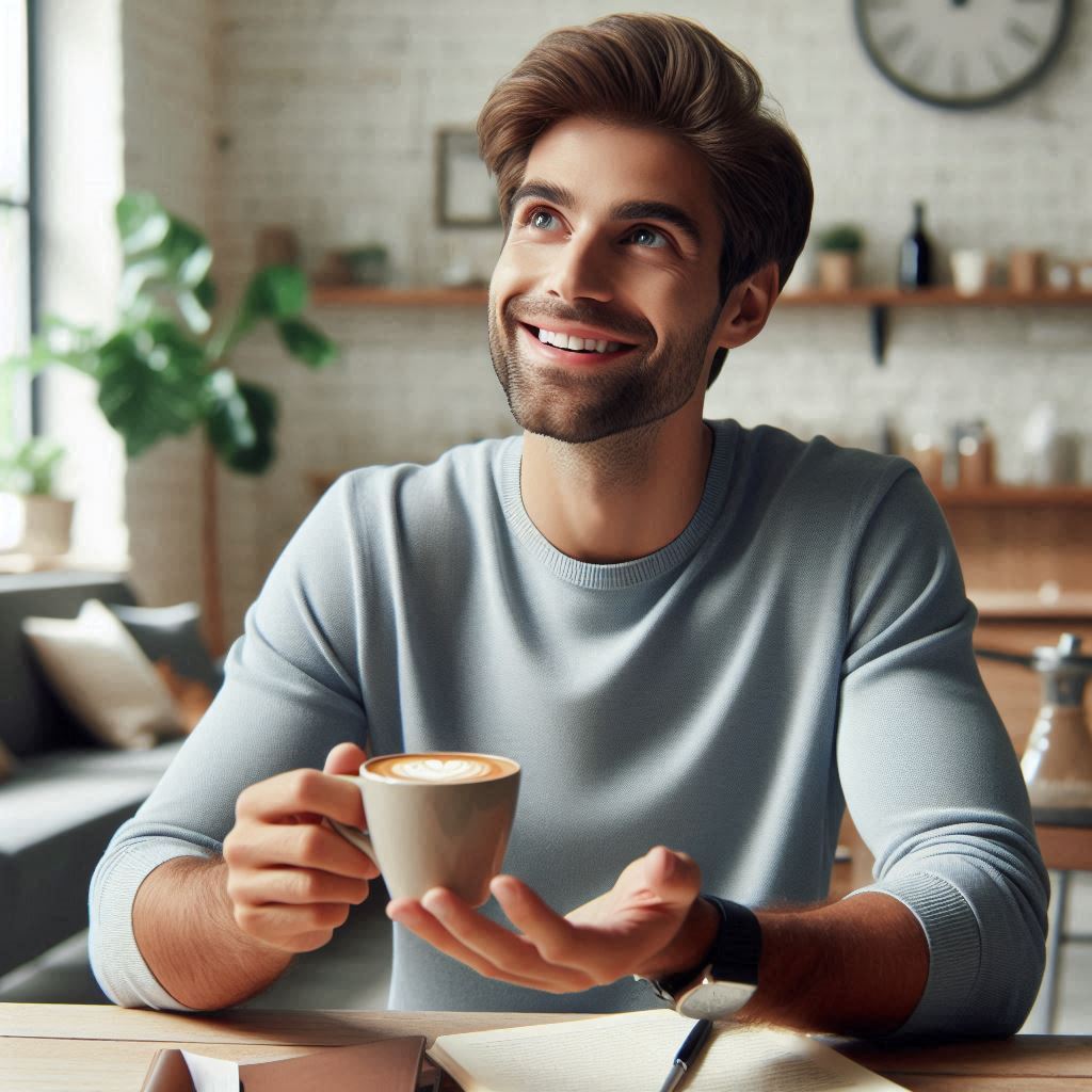 realistic foto of a smiling man sitting at a table, offering up a cup of coffee , Copilot.microsoft.com, Copilot.microsoft.com